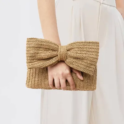Women Summer Vacation Bow Straw Woven Handbag Clutch Bag