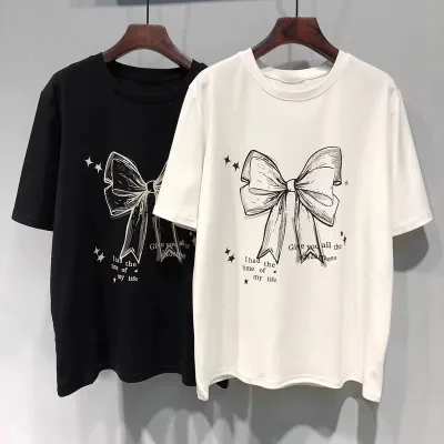 Women Casual Cotton Bowknot Printed Short-Sleeve Loose T-Shirt