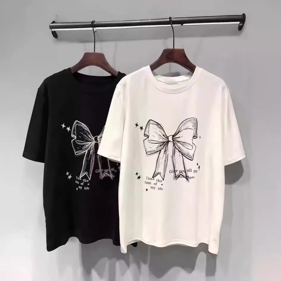 Women Casual Cotton Bowknot Printed Short-Sleeve Loose T-Shirt