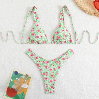 Women Fashion Sexy Floral Printed Lace-Up Bikini Swimsuit