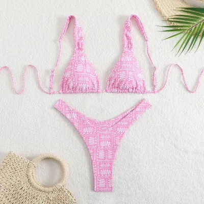 Women Fashion Sexy Floral Printed Lace-Up Bikini Swimsuit