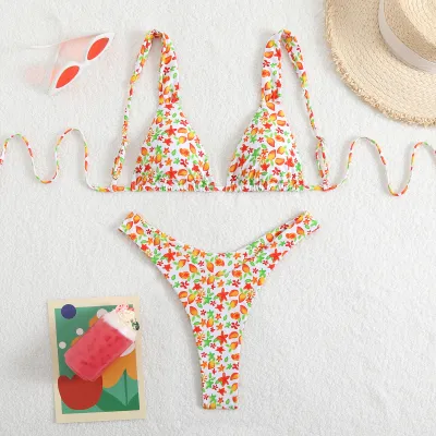 Women Fashion Sexy Floral Printed Lace-Up Bikini Swimsuit