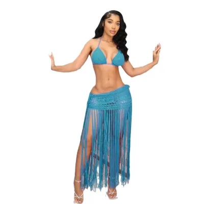 Women Fashion Sexy Solid Color Hollow-Out Halter-Neck Top Long Tassel Skirts Bikini Swimsuit