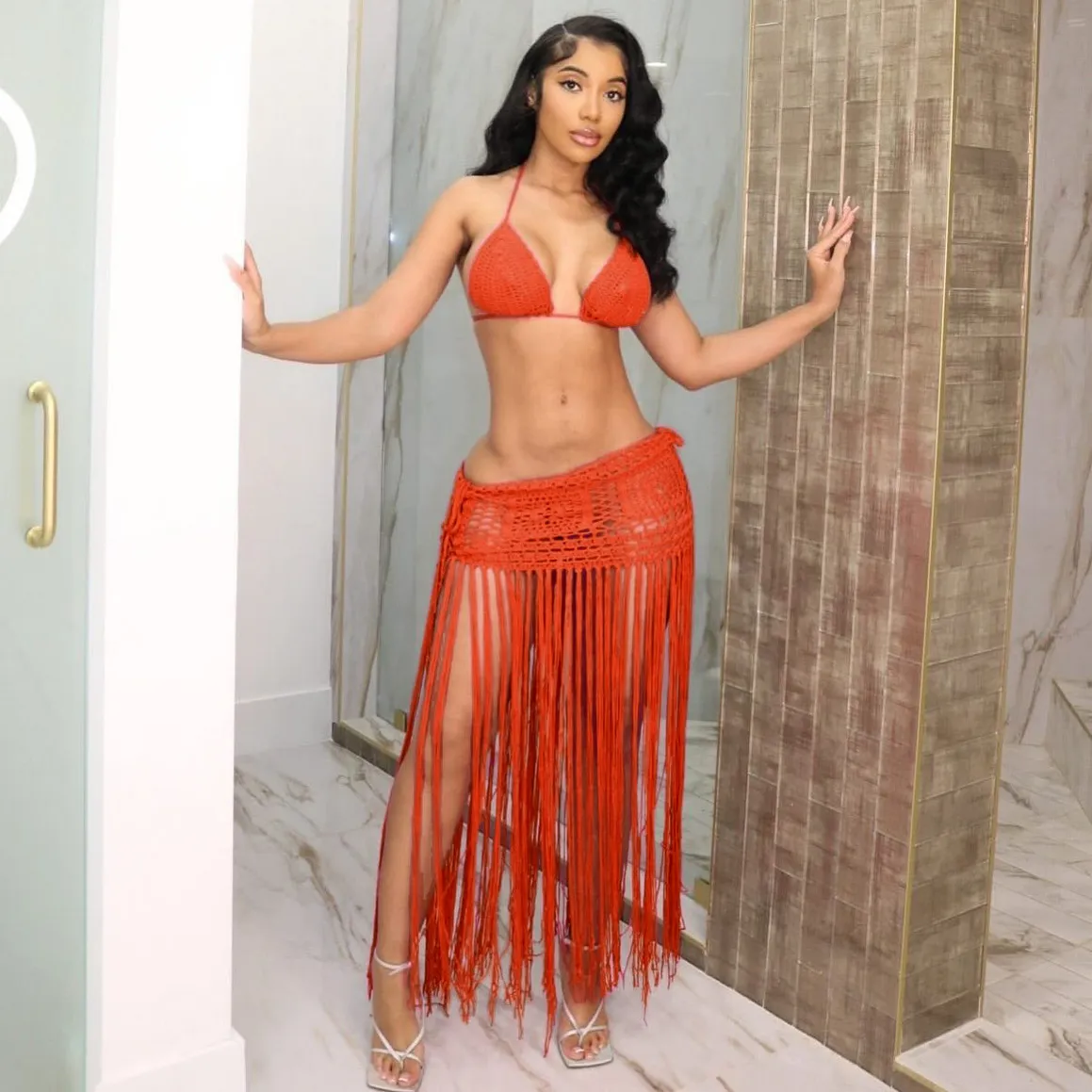 Women Fashion Sexy Solid Color Hollow-Out Halter-Neck Top Long Tassel Skirts Bikini Swimsuit