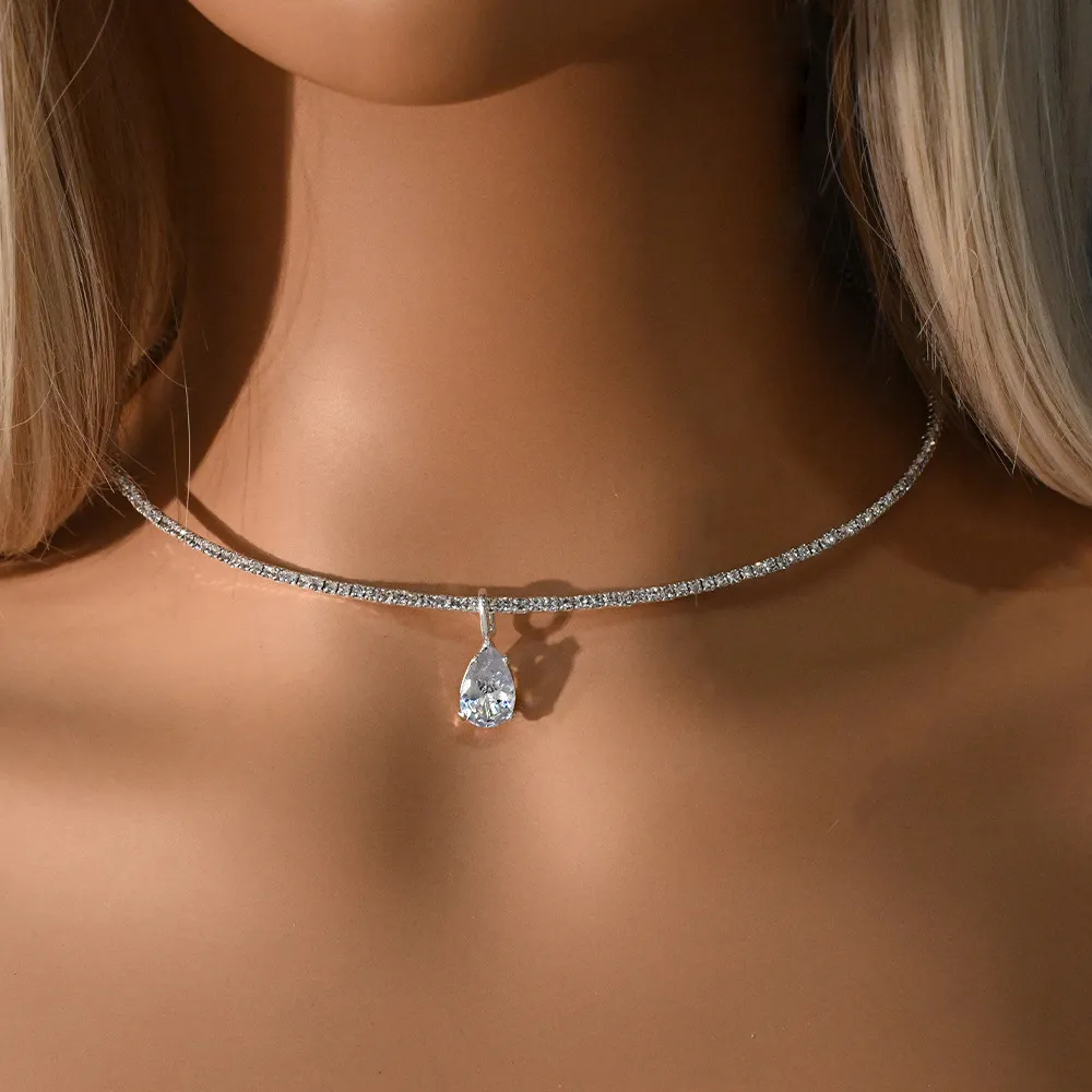 Women Fashion Elegant Rhinestone Water Drop Pendant Necklace