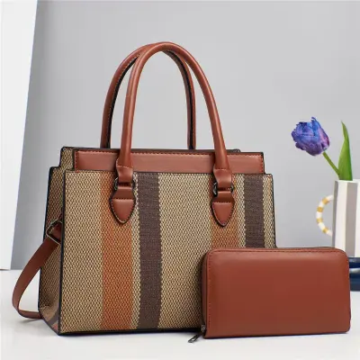 Women Fashion Casual Contrast Color Large Capacity Handbag Two-Piece Bag Set
