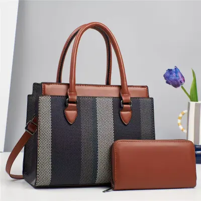 Women Fashion Casual Contrast Color Large Capacity Handbag Two-Piece Bag Set