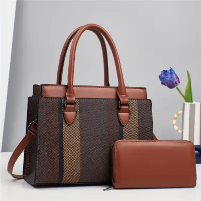 Women Fashion Casual Contrast Color Large Capacity Handbag Two-Piece Bag Set