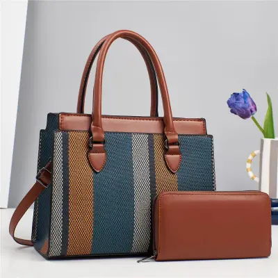 Women Fashion Casual Contrast Color Large Capacity Handbag Two-Piece Bag Set