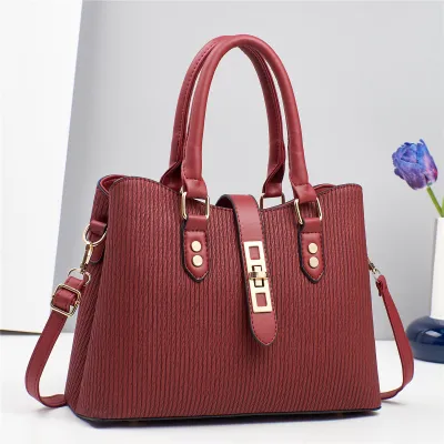 Women Fashion Casual Solid Color Vertical Stripes Large Capacity Handbag
