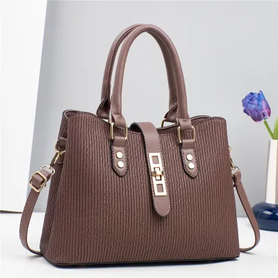 Women Fashion Casual Solid Color Vertical Stripes Large Capacity Handbag