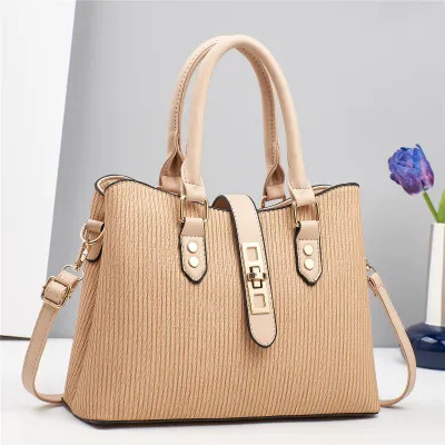 Women Fashion Casual Solid Color Vertical Stripes Large Capacity Handbag