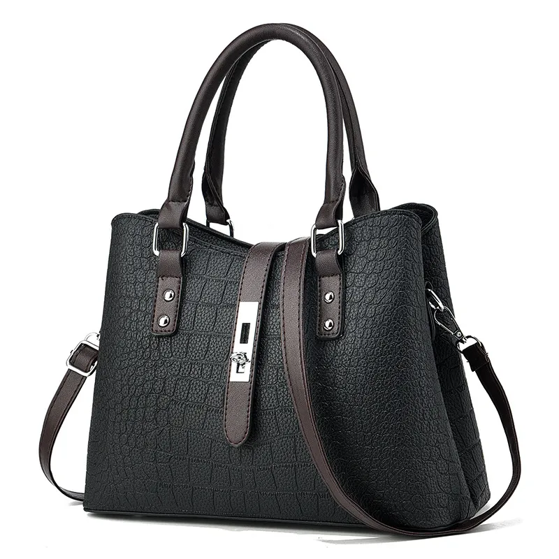 Women Fashion Color Contrast Crocodile Pattern PU Handbag with Zipper Closure
