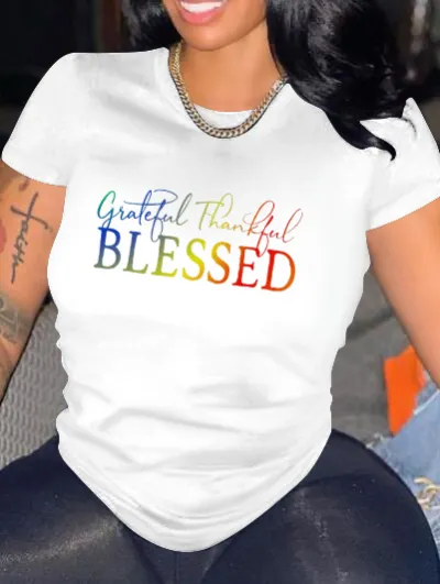 Women Casual Street Hipster Letter Printed Cotton Crewneck Short-Sleeve T-Shirt