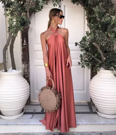 Women Vacation Casual Solid Color Sling Neck Maxi Dress