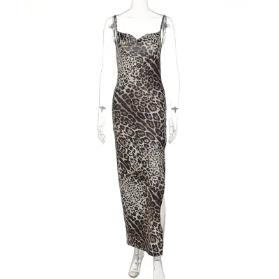 Women Fashion Print Sexy Backless Split Sling Maxi Dress