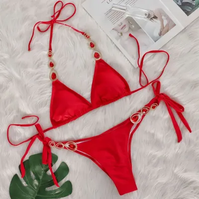 Women Sexy Rhinestone Lace Bikini Set