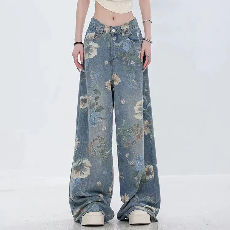 Women Retro Casual Floral Printed High Waist Wide Leg Jeans