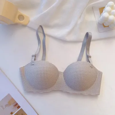 Women Fashion Plaid Thickened No-Steel Rings Breathable Bra