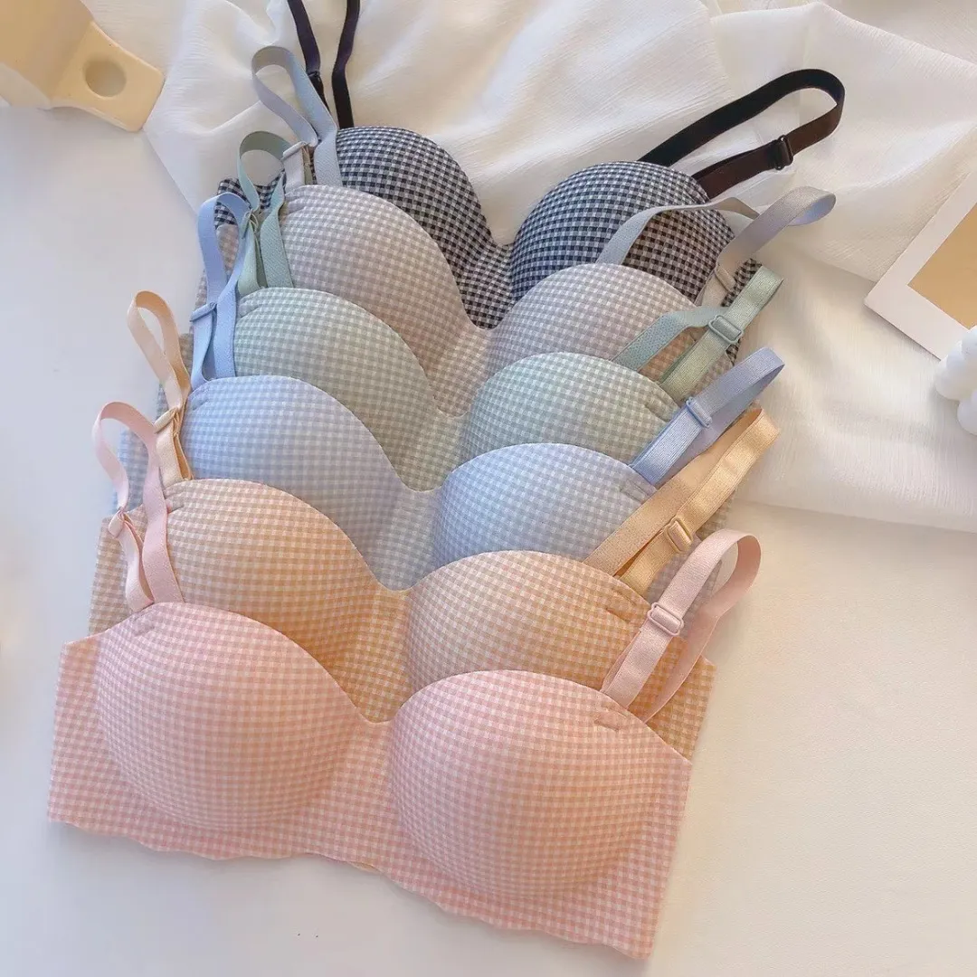 Women Fashion Plaid Thickened No-Steel Rings Breathable Bra
