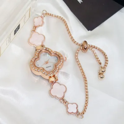 Women Fashion Rhinestone Four-Leaf Clover Adjusting Bracelet Watch