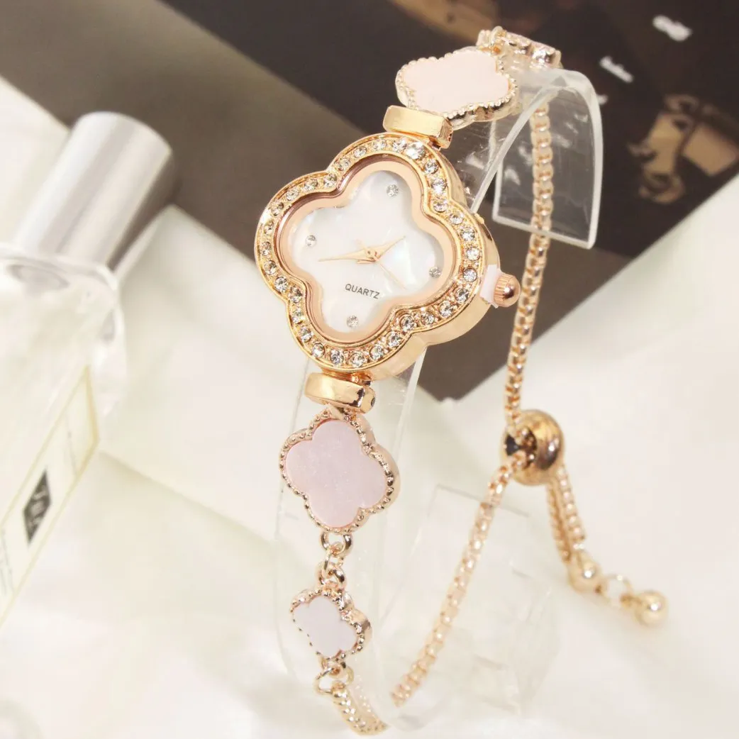 Women Fashion Rhinestone Four-Leaf Clover Adjusting Bracelet Watch