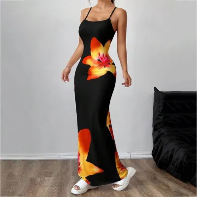 Women Sexy Floral Print Spaghetti Strap Slim-Fit Long Dress