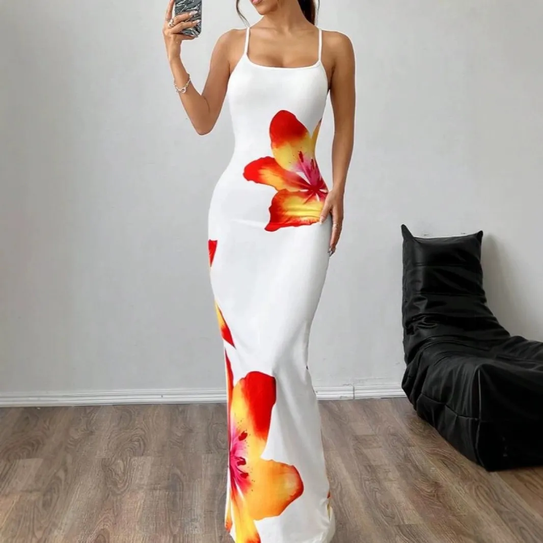 Women Sexy Floral Print Spaghetti Strap Slim-Fit Long Dress