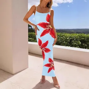 Women Sexy Floral Print Spaghetti Strap Slim-Fit Midi Dress