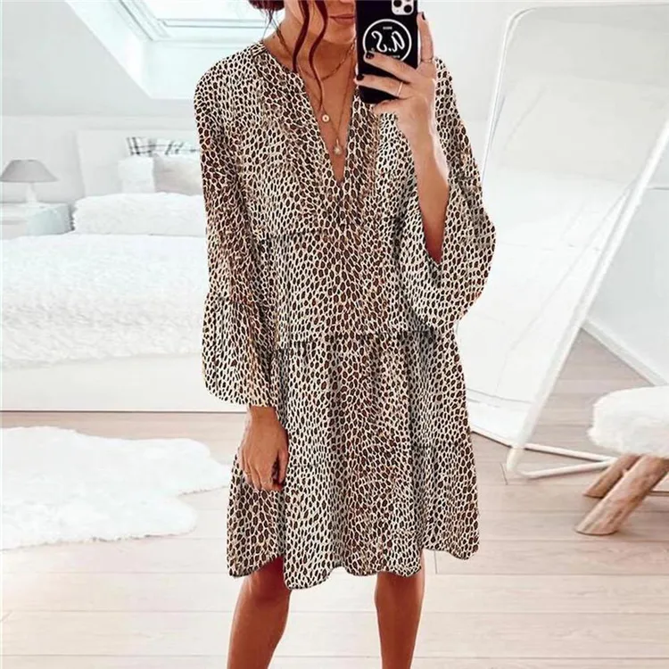 Women Casual Leopard Print V-Neck Long-Sleeve Loose Midi Dress