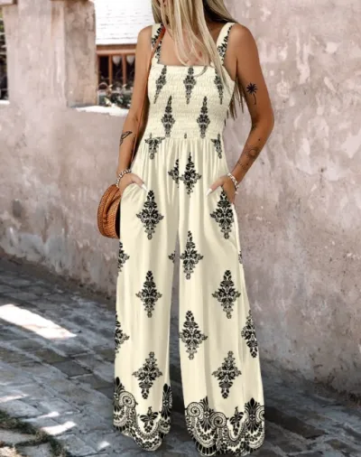 Bohemian Women Vintage Casual Sling Printed Wide Leg Jumpsuit