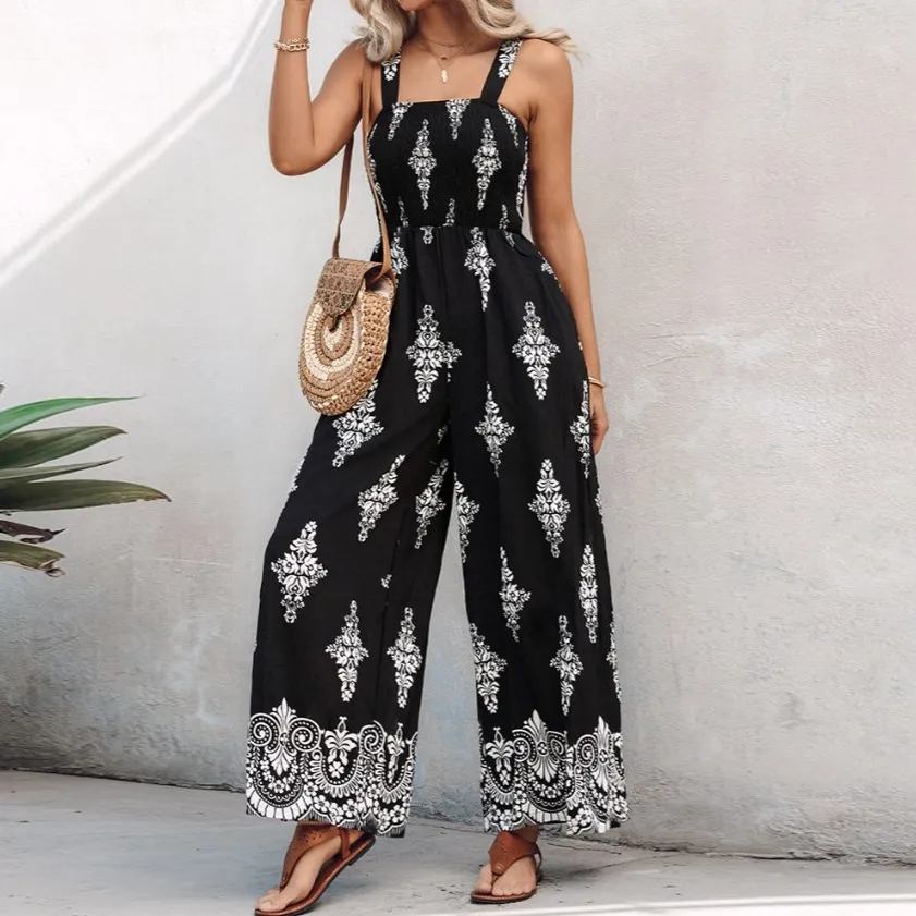 Bohemian Women Vintage Casual Sling Printed Wide Leg Jumpsuit