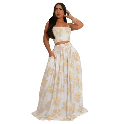 Women Summer Bohemian Floral Print Halter Top And Skirt Two-Piece Set