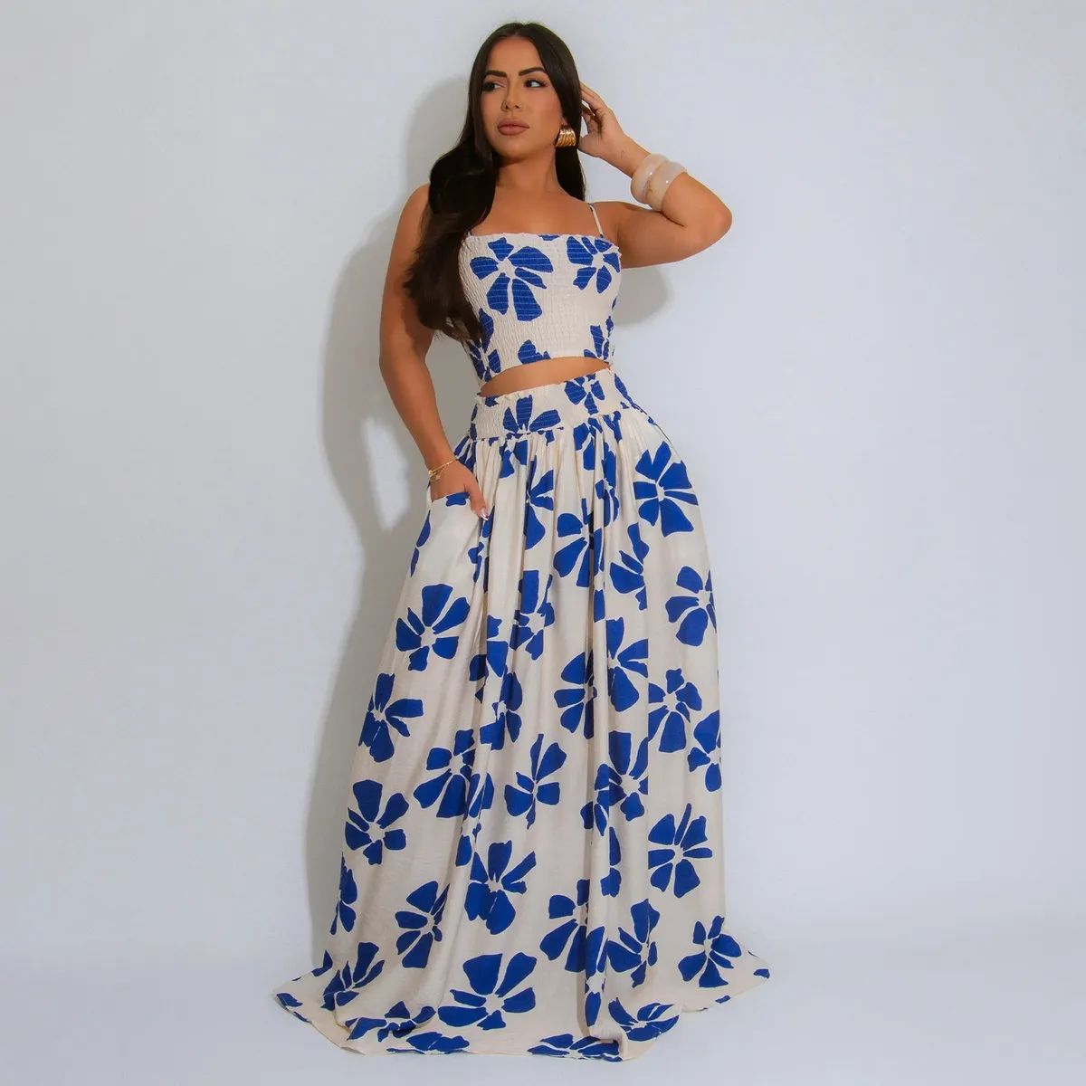Women Summer Bohemian Floral Print Halter Top And Skirt Two-Piece Set