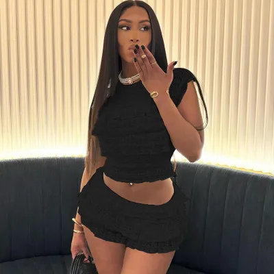 Women Summer Fashion Solid Color Cutout Top And Skirt Two-Piece Set