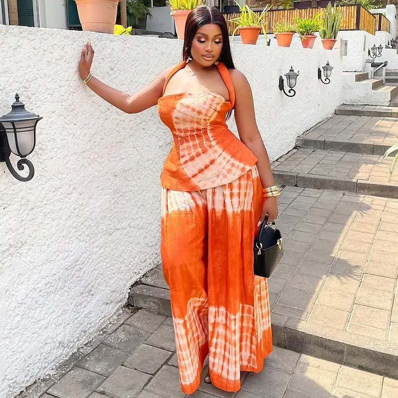 Women Casual Tie-Dye Printed Halter Top And Wide-Leg Pants Two-Piece Set