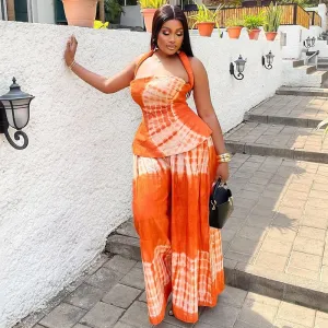 Women Casual Tie-Dye Printed Halter Top And Wide-Leg Pants Two-Piece Set
