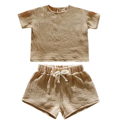Children's Casual Cotton Solid Color Two-Piece Short Set for Kids Girls 3-14T