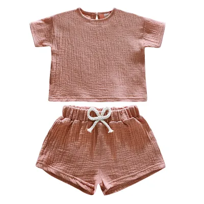 Children's Casual Cotton Solid Color Two-Piece Short Set for Kids Girls 3-14T
