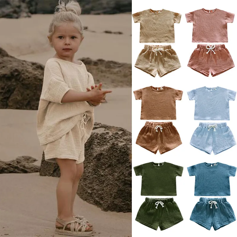 Children's Casual Cotton Solid Color Two-Piece Short Set for Kids Girls 3-14T