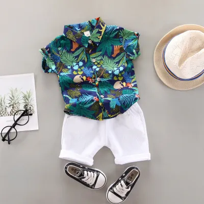 Summer Kids Boys Fashion Coconut Tree Print Two-Piece Set Cotton Short Sleeve Shorts Casual Outfit for 3-14T