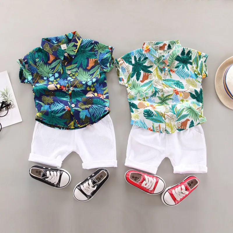 Summer Kids Boys Fashion Coconut Tree Print Two-Piece Set Cotton Short Sleeve Shorts Casual Outfit for 3-14T