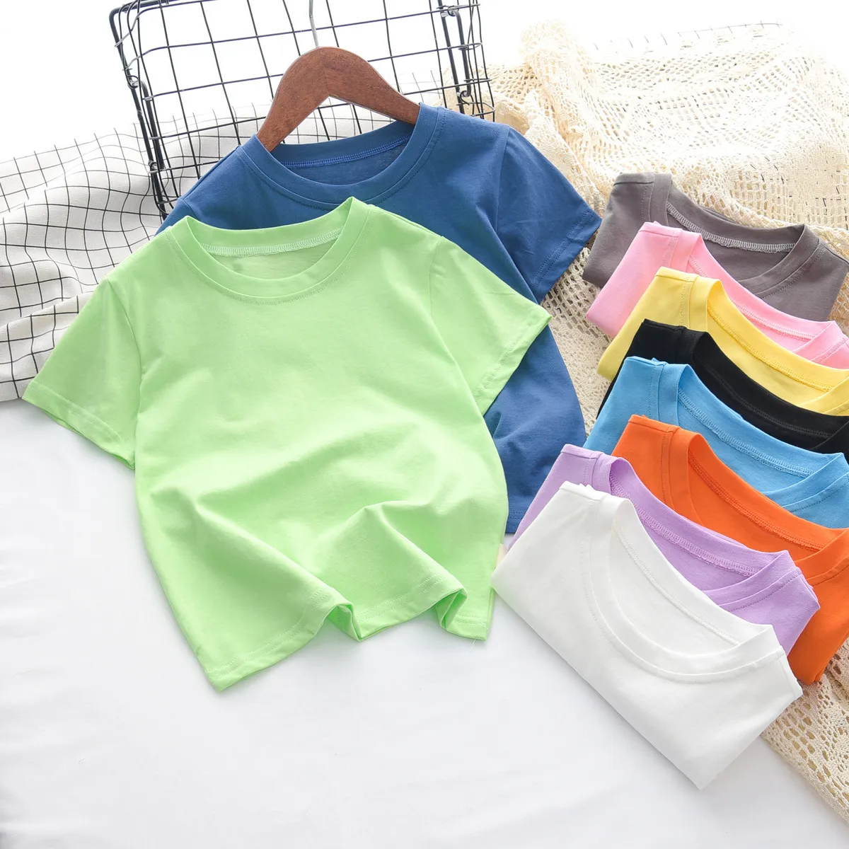 Kids Boys Clothing Combed Cotton Solid Color Short Sleeve T-Shirt Crewneck Casual Summer