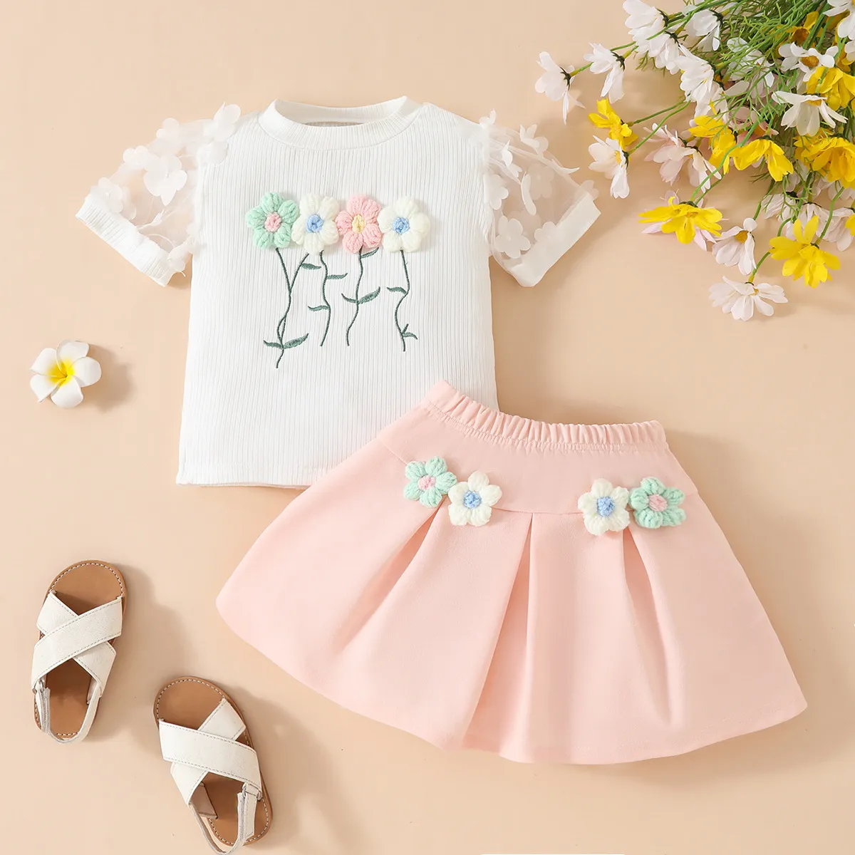 Kids Girls Pastoral Floral Knit Short Sleeve Top And Skirt Two-Piece Set