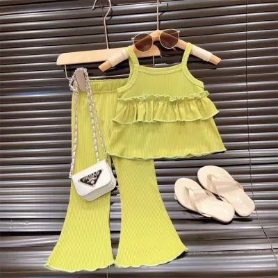 Girl's Summer Solid Color Sleeveless Cropped Two-Piece Flared Pants Set for Kids