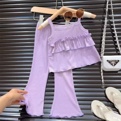 Girl's Summer Solid Color Sleeveless Cropped Two-Piece Flared Pants Set for Kids
