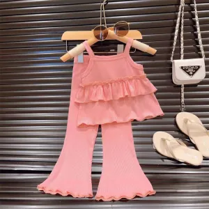 Girl's Summer Solid Color Sleeveless Cropped Two-Piece Flared Pants Set for Kids