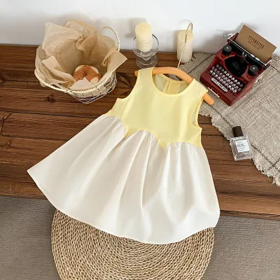 Girls Sleeveless Summer Contrast Color Stitching Cotton Princess Dress