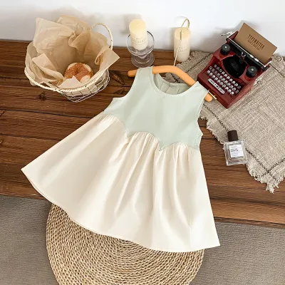Girls Sleeveless Summer Contrast Color Stitching Cotton Princess Dress