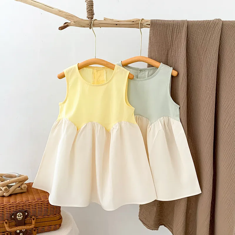 Girls Sleeveless Summer Contrast Color Stitching Cotton Princess Dress